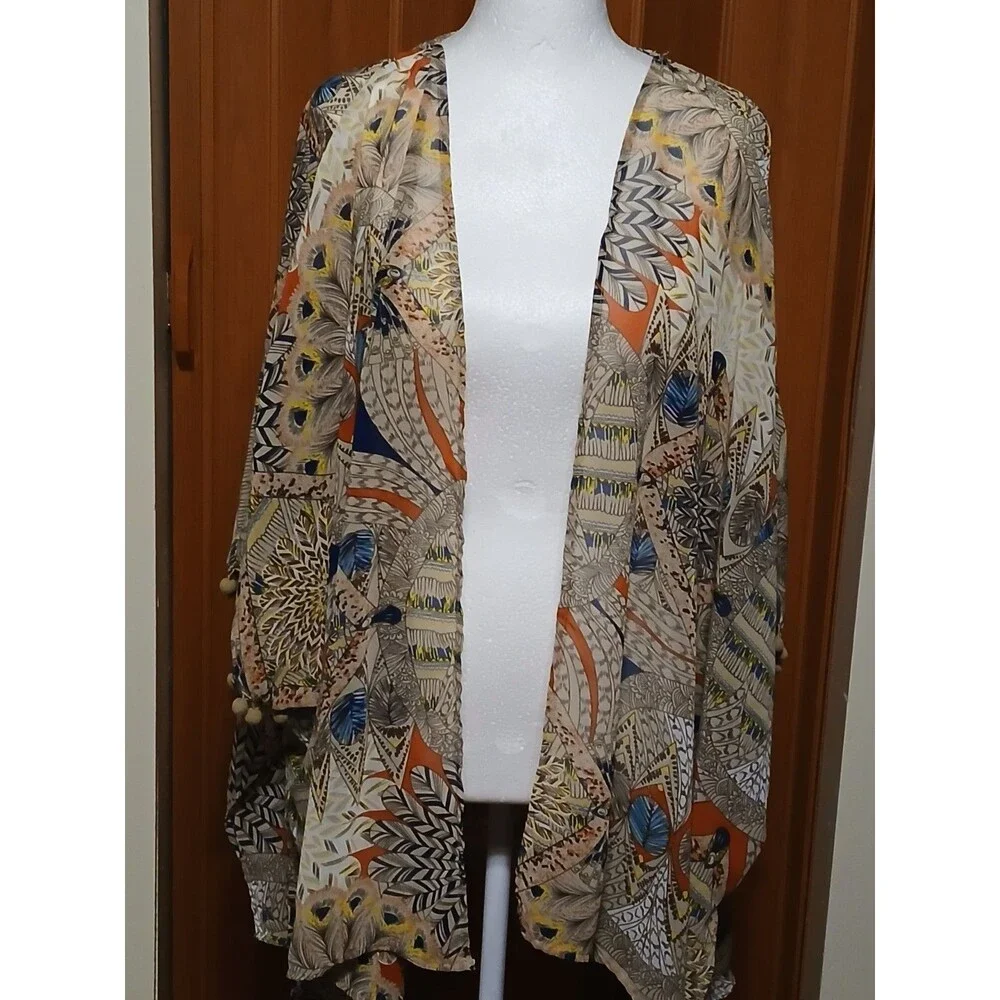 Umgee  Boho Feather Print Cover up with pompom sleeves S/M   NWOT - Picture 2 of 11